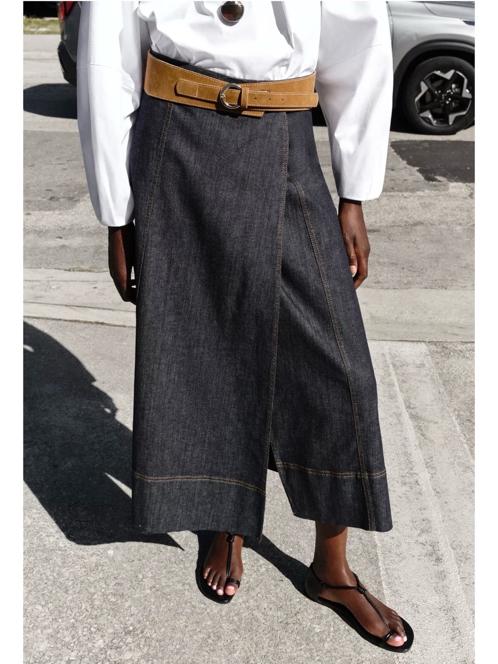 ❗️LAST CALL❗️ ok Zara Dark Denim Wrap Midi Skirt with Tan Belt - Picture 7 of 10